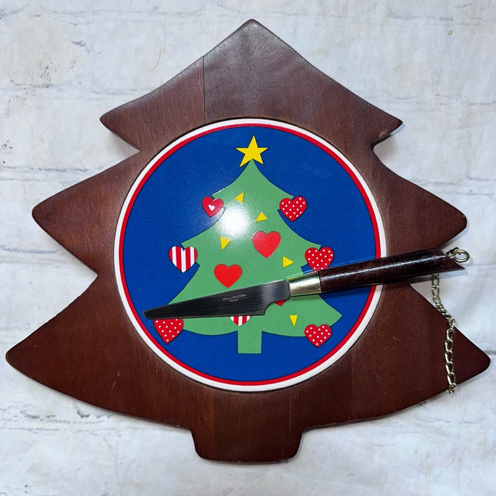 Vintage Wooden/Tile Cheese Board W/Knife Christmas Tree Shape Design Taiwan
